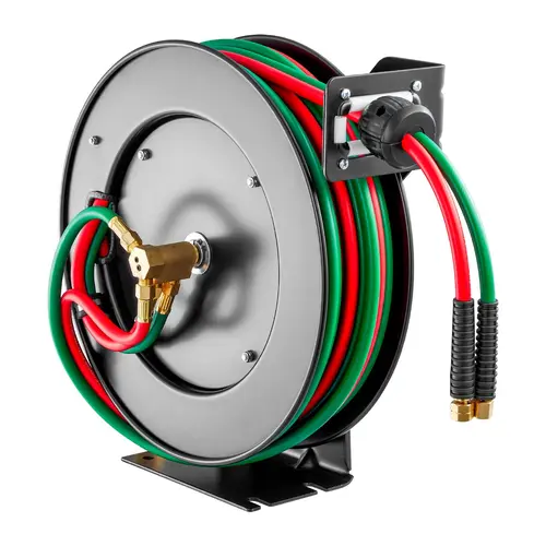 【toolupgrade】VEVOR Retractable Welding Hose Reel 1/4-Inch x 50FT Twin Oxygen Acetylene Rubber Hose Max 300PSI - T/R GradeCeiling/Wall Mount Heavy Duty Steel Hose Reel Auto-RewindIdeal for Workshops Garages