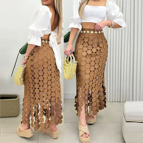 CHICME Women's Hollow-out Boho Tassel Slim-Fit Bodycon Long Skirt - Lace Crop Top & Blouse Set for Wedding Guests, Beach Occasions