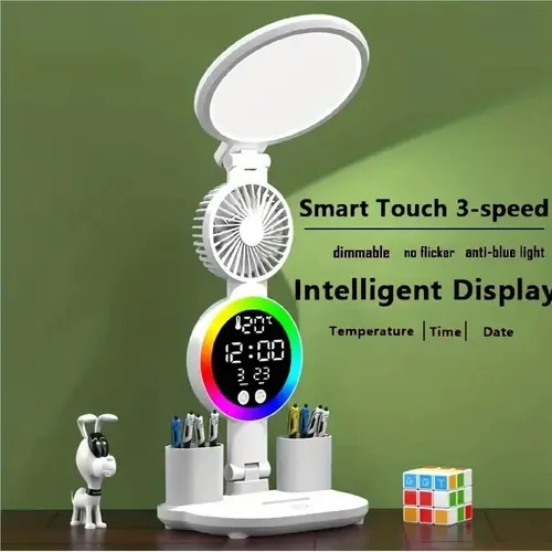 Rechargeable Wireless Ambient LED Desk Lamp - Plastic, 360° Swivel Adjustable, USB Charging, Touch Control, 3-Speed Fan, Intelligent Temp & Time Display, Adjustable Brightness, Bases & Shades, Office Accessory, Lamps for Bedroom Nightstand Nightlight