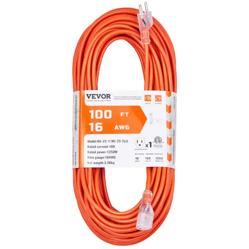【toolupgrade】VEVOR 100FT Heavy Duty 16AWG Extension Cable - 10A 1250W Sunproof 125V 3-Prong with Lighted End, ETL Listed Copper Core AWG Wires, All-Weather Water Resistant Outdoor Wire, Durable and Wear-Resistant Father's Day Gift
