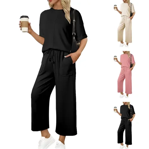 Tanming Womens 2 Piece Sets - Loose Short Sleeve Tee & High Waist Wide Leg Pants - Matching Outfits with Pockets Casual Spring Summer Fall Work School Vacation Loungewear Clothing