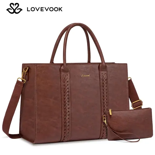 LOVEVOOK 15.6 inch Laptop Tote Bag for Women, Vintage Leather Work Bags Teacher Laptop Bag With Cup Holder, Waterproof Computer Bag Purse, Professional Briefcase Office Shoulder Bag Handbag TikTokFallDealsForYou