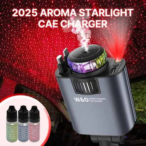 W&O 5-in-1 Retractable Starlight Aroma Fastcharging Car Charger Auto Accessory - LED Light Adapter, Lightning Cable, Dual Ports, Perfume-Free Aroma Feature, 3 Scent 15ml Bottles, Multiple Fragrances Compatibility