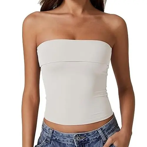 QINSEN Women's Tube Tops Strapless Bandeau Tops Double Lined Slim Fit Summer Going Out Tank Tops