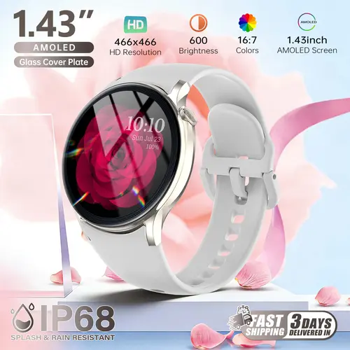 Women's HDM Gift-Ready Smart Wristwatch - Elegant AMOLED Screen, Bluetooth Calls, Health Track, IP68 Waterproof Wear, 128MB Storage, Long-Lasting Battery, Activity & Sleep Monitoring, iOS/Android Compatible Comfortable Everyday Wearable Device