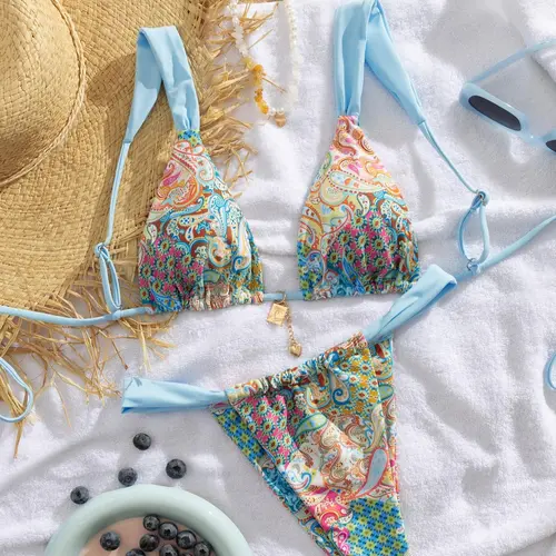 Women's Patchwork Print Bikini Set, Swimwear Sets, Casual Adjustable Strap Tie Back Swim Top & Swim Bottom, Women's Swimsuit for Summer Beach Vacation, Floral Print Bikinis, Bikini Beach Wear, Bikini Swimsuit Outfit