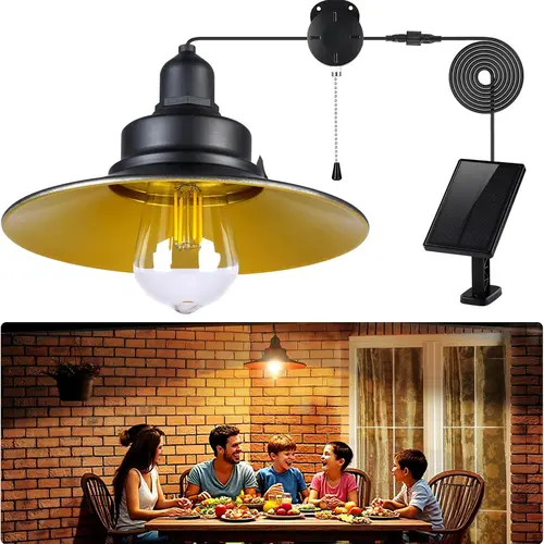 FabStyl Classic Series Metal Solar Pendant Light - Durable High-Quality Metal Classic Series Lamp, IP65 Waterproof, Pull Cord, 2-Level Dimmable Warm White, DC Power Supply, Batteries Included, Easy Install, for Chicken Coop, Outdoor Patio