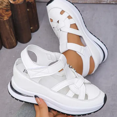 Women's Fashionable Velcro Fastening Wedge Sneakers Low Wedges Platform, Casual Comfortable Soft Sole Adjustable Sandals for Summer, Lightweight Breathable Shoes for Daily Wear