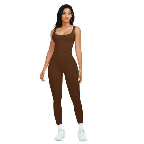 Women's Yoga Workout Jumpsuit - Sleeveless Square Neck Ribbed Nylon Blend Breathable Quick Drying Tight Sportswear Gym Unitard, Full-Length Body-Hugging Comfy Women's Clothes, Breathable Fabric Jumpsuit, Yoga Workout Jumpsuits