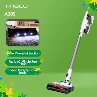 TINECO A30S Handheld Cordless Vacuum Cleaner, 160W Powerful Suction, 60-Min Runtime, 1L Large Dustbin, Rechargeable Lightweight Versatile Home Cleaner, ZeroTangle Brush, PureCyclone Tech, LED Headlight