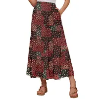 Women's High Waisted Maxi Skirt,Elastic Chiffon Boho Long Skirt with Pockets Fit Pleated Bohemian Beige Floral Fit Bottom Summer Outfits