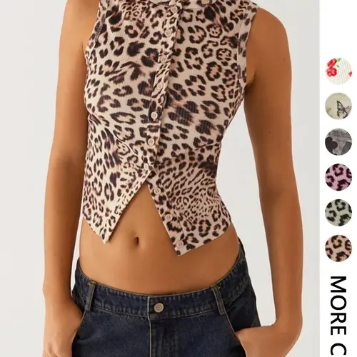 Women's Leopard Print Ribbed Tank Top, Casual Sleeveless Button Decor Top for Daily Wear, Ladies Clothes for All Seasons, Womenswear, Leopard Pattern