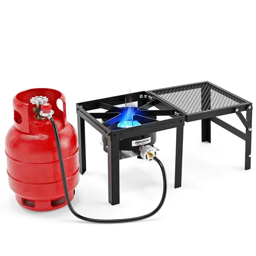ROVSUN 100,000 BTU High-Pressure Metal Propane Portable Single Gas Stove - Foldable Side Shelf, Precise-Control Regulator, Camping Supplies, Tailgating/Turkey Frying Portable Kitchen Gear