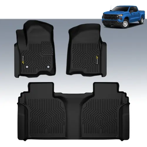 CROSSDESIGN TPE Floor Mats|Fits 2019-2025 Chevrolet Silverado/GMC Sierra 1500 2500 3500 SuperCrew w/Carpet & w/out Fold Flat Storage | Front & 2nd Row, 3-pc Black, Truck Floor Mats, Car Interior Accessory, Waterproof, Pickup Truck