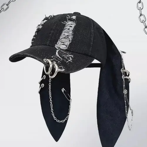 Unisex Wasteland Style Bunny Ear Baseball Cap, Punk Trucker Hat with Chain, Streetwear Hip Hop Costume for Halloween Party, Adjustable Streetwear Hat