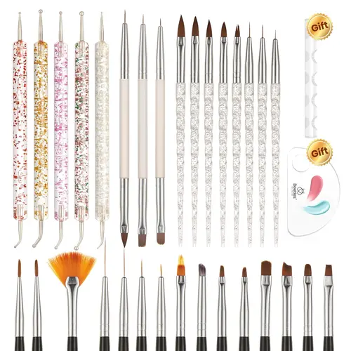 Beetles 31pcs Nail Art Tool Set - Smooth Crystal Handle Nail Tech Supplies with Soft Fibers, Holder, Dotting Tools, Drawing Pens, Dust Brush, Liner Brush for Starter Home DIY & Precise Manicure Work