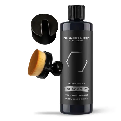BLACKLINE Blackout Bundle - 16oz Trim & Tire Dressing Bottle, Soft Bristle Applicator Brush, Easy-to-Use Car Care for Enthusiasts, Smooth Satin Deep Black Shine, Dust-Resistant Coat, Wheel Plastic Rubber Restoration, Rain & Road Guard, Rain Debris Shield