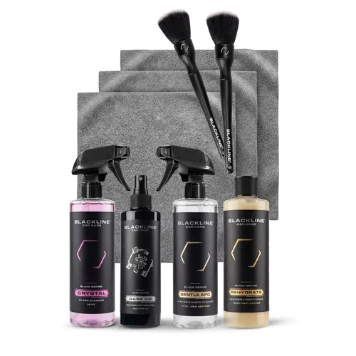BLACKLINE All-in-1 Car Cleaning Kit - Premium Interior Complete Care Bundle, Car Detailing Products for Beginners & Enthusiasts, Clean Fresh Cabin Scents (Vanilla Bean & Teakwood), Surface/Glass Cleaner, Leather Conditioner, 3-Pack Microfibers, Brushes