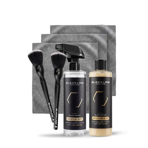 BLACKLINE Automotive Interior Leather Care Kit - 16oz Gentle Cleaner, Ultrasoft Detail Microfiber Cloth, Lint-Free Buffing Towel, Boars Hair Brush, Optional Detailing Brush for Deepcleaning, Hydrates & Restores, Safe for All Leather, Ready-to-Use Setup