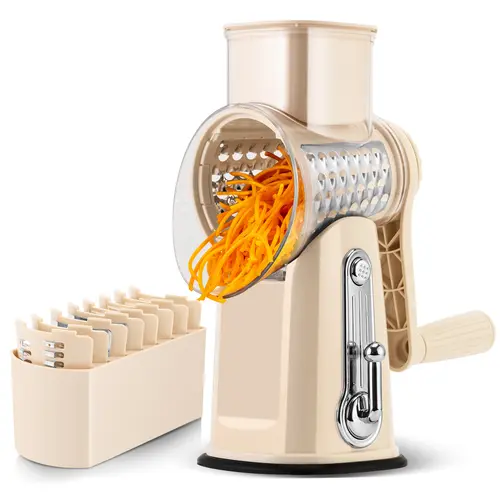 SUSTEAS Multifunctional Cabbage Grater - Durable Vegetable Slicer, Cutter, Mandoline, 5 Replaceable Blades (Including Wavy), 18/10 Stainless Steel, BPA-Free Beige Compact Kitchen Utensil, Powerful Suction Cup Base, 11 x 6 x 5 in, 2.8 lbs, for Cooking