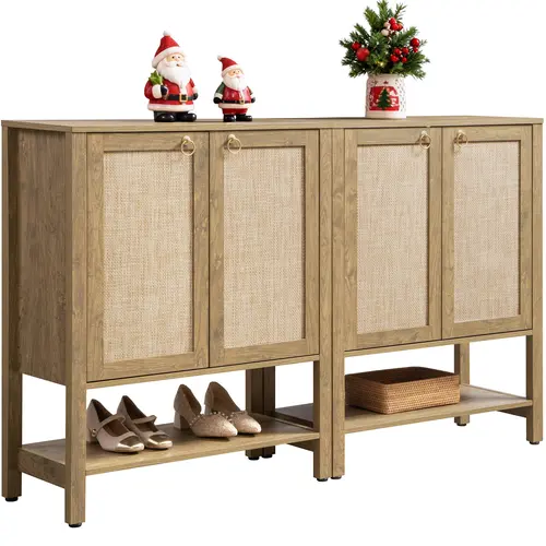 SICOTAS Wooden Rectangular Rattan Shoe Storage Cabinet - 5-Tier Farmhouse Boho Floor Standing Unit with Adjustable Shelf Rack, Sectioned Organizer Doors, Bottom Shelf Access for Entryway, Living Room