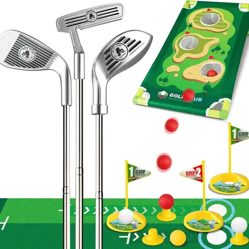 All-in-One Kids Golf Starter Set 3 Clubs 9 Balls Multi-Game Play with Putting Mat Toss Game for Ages 3-12 Christmas Gift Versatile Play Modes Safe Durable