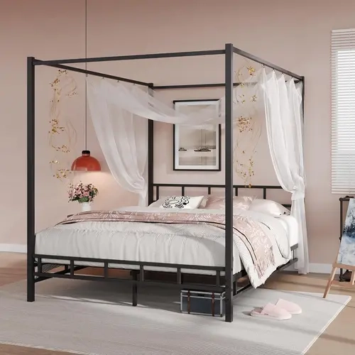 HOMBCK Elegant Modern Full Canopy Bed Frame with Polished Iron Headboard & Footboard, Metal Slat Support Mattress Foundation (No Box Spring Needed), Light-Through Top, Velvet or Gauze Curtains, Warm Glow, Assembly Required, #SohoChic#Homemakeover