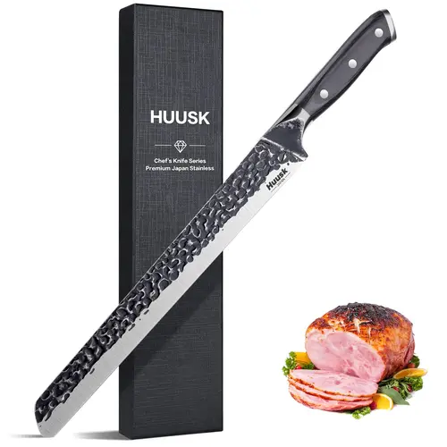 Huusk Japan 12-in High Carbon Hand Forged Steel Slicing Knife - Ergonomic Wood Handle, Circular Arc Head Finger Shield, Ideal for Meat Carving, Adults, Christmas Gifts, Special Gift with Personalized Box