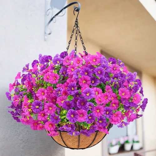 Artificial Hanging Flowers for Outdoors, UV Resistant Fake Flowers with Hanging Baskets, Artificial Flowers for Decoration Outdoors Garden, Spring Decor for Patio Porch(Mixed Color) Decorative Plant Pot