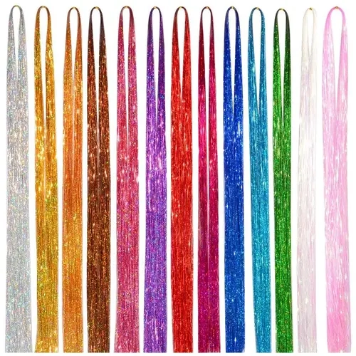 LaaVoo Synthetic Fiber Hair Tinsel Kit with Tools - Mix 12 Colors 2400 Strands Glow Heat Resistant Extensions, 1 Crochet, 500 Ring Beads, Blowdry-Friendly, Washable Unisex DIY Pieces (Lasts 2-3 Weeks) for Parties