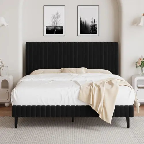 HOMBCK Queen Size Adjustable Velvet Upholstered Platform Bed Frame with Headboard - Vertical Channel Tufted, Footboard, 12 Slat Support, 10.6-in High Platform, No Box Spring Needed, Silent Pads, Quick Easy Assembly Required, Contemporary Modern Design