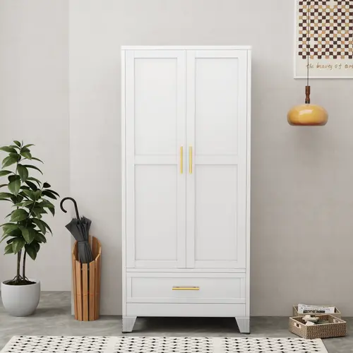 Metal Wardrobe Closet with 2 Doors & Drawer, 71" Tall Armoire Wardrobe Closet with Hanging Rods and Adjustable Shelf, Steel Wardrobe Storage Cabinet for Bedroom  Furniture Organize