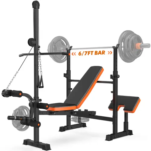 Bearbro Bench Press Set, 880LBS Adjustable Weight Bench with Leg Extension and Preacher Curl Pad, 8 IN 1 Multi-Function Gym Bench with LAT Pulldown Pulley System, Full-Body Workout Home Gym Equipment Squat Rack