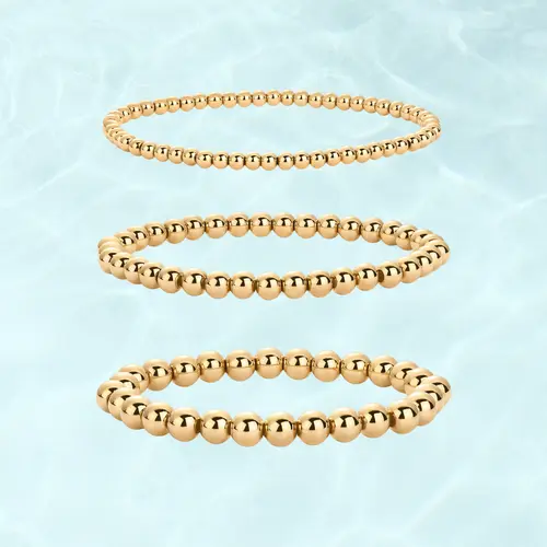 PAVOI Waterproof Beaded Bracelet Pack for Women - 14K Gold Plated 3-Piece Stretchy Bracelet Set - Stainless Steel Ball Trio Bracelet Stack