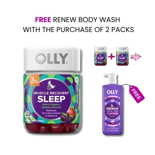 OLLY Muscle Recovery Sleep Dietary Supplement Gummies - Wellness & Selfcare Support, 3mg Melatonin Blend, Muscle Reset, Tart Cherry, Vitamin D, Berry & Strawberry Flavors, 40 Pieces