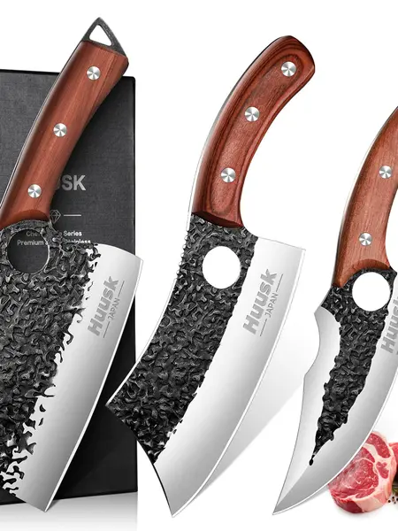 Huusk Butcher Knife Set - 3PCS Kitchen Knife Set for Meat Cutting, Home & Outdoor Cooking - Wood, Wooden,Christmas/BlackFriday Gift,knife set