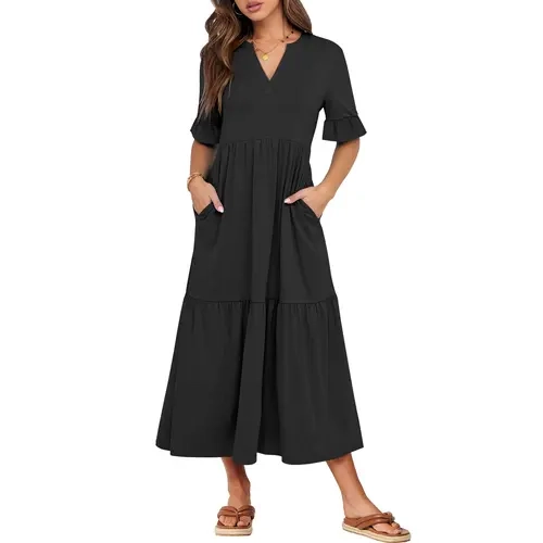 ANRABESS Women's Casual Summer Ruffle Short Sleeve T Shirts Maxi Dress 2026 Spring V Neck Flowy Tiered Boho Beach Dresses