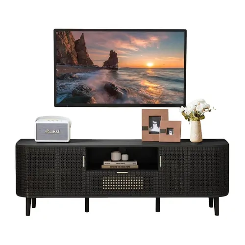 Giratree TV Stand for TVs Up to 65 Inch, Boho Wood Television Stands Media Entertainment Center Console Table with Curved Iron Rattan Doors and Drawer for Living Room