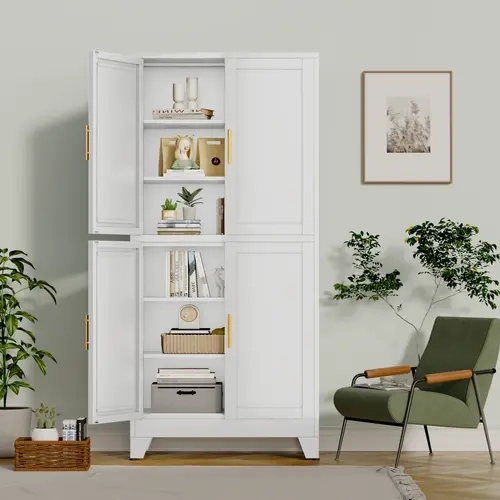 Geitin 75.2" Tall Metal Pantry Cabinet, Kitchen Pantry Storage Cabinets with 4 Door and 4 Adjustable Shelves, White Storage Cabinet, Freestanding Cupboard for Kitchen Dining Room Living Room Bathroom Apartment Furniture Organizer