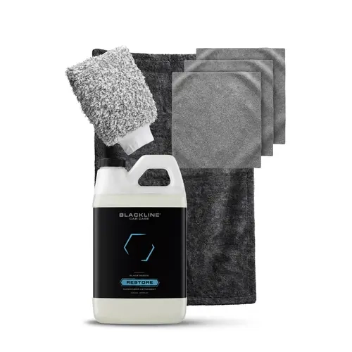 BLACKLINE Premium Microfiber All-in-1 Car Care Kit for Car Enthusiasts - 64oz Microfiber Restore Detergent, Wash Mitt, Wheel Mitt, 3-Pack Lintfree Buffing Towels, Highly Absorbent & Quick-Drying Twisted Loop Towel (Carbon/Aqua/Crimson)