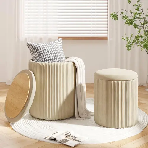 PUKAMI 2-Piece Beige Velvet Upholstered Storage Ottoman Stools - Armless, Backless, High-Density Foam Footstool, 2-Seat Multifunctional Indoor Furniture for Living Room Decor, Convenient Storage Solution