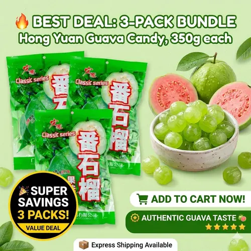 Hongyuan Guava Hard Candy 3-Pack Bundle (350g / 12.35 oz Each) - Classic Asian Tropical Fruit Flavor Sweets, Individually Wrapped Candies for Office, Party Favors & Snacking - Total 1050g / 37 oz