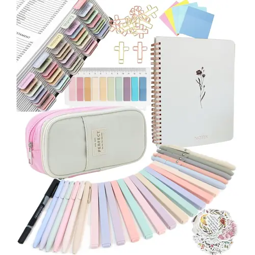 Christian Bible Journaling Stationery Kit - Pastel Oil-Based Markers, Tabs, Highlighters, Notebook, Pen Case, Organizer, Cute Cross Paperclips, Scripture Stickers (50 Unique), Cute School Supplies for Beginner Bible Study, Office and School Supplies Writi