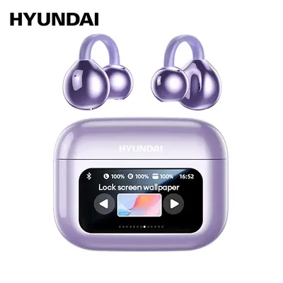 HYUNDAI M100 Clip-On Wireless Ear Headphones with Smart Display, Bluetooth 6.0 Stable Connection, HiFi Sound Earbuds for Music & Phone Calls, Sport Sweatproof Design, Compatible with Android & iOS,father'sdaygifts