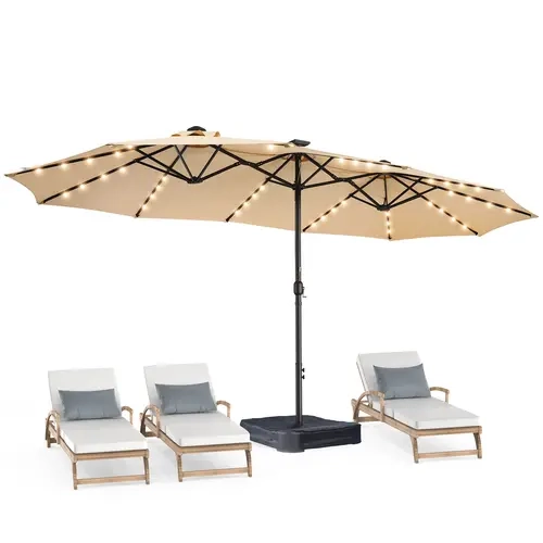 Sturdy Oversized Cantilever Double-Sided Rectangle Patio Umbrella (15ft/13ft), Steel Alloy Frame, Included Base, Adjustable Crank Handle, UPF Protection, Solar Lighting, Waterproof UV-Resistant, Strap-Equipped for Deck, Backyard Shade
