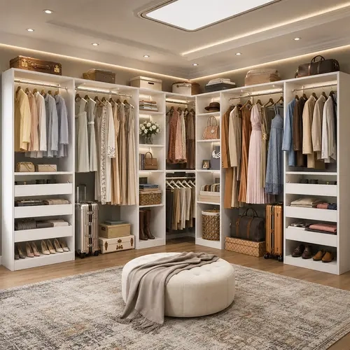 99"-159" Modern Heavy Duty Extendable Freestanding Wooden Wardrobe Closet - Space Saving Wardrobe Storage Unit with 6 Wood Drawers, Hanging Rods, 20+ Adjustable Shelves, Reversible Setup, Closet Organization Indoor Furniture, Sohochic