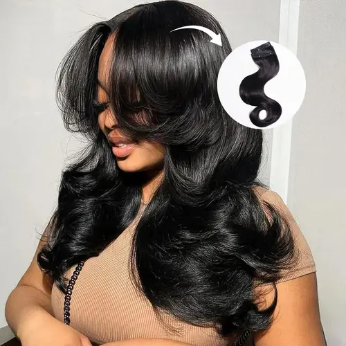 Mscoco Layered Body Wave U Part Human Hair Wigs With Clip In Hair Extension Bangs 180% 250% High Density Affordable Highlight U Part Wig Balayage 1B 22 & Highlight Brown 1B 2 30 Glueless Budget Friendly U Part Wig #sohochic