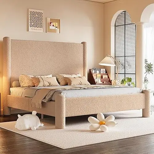 AMERLIFE Modern Bed Frame, Boucle Upholstered Bed Frame with Charging Station, Platform Bed with Soft rounded Corners, Easy Assembly, No Box Spring Required[TikTokShopFallDealsForYou]