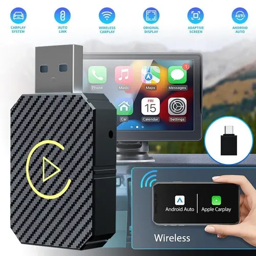 TechVibes Wireless CarPlay Dongle 2-in-1 USB-C In-Vehicle Cordless Adapter - 5.8GHz Stable Connection 5.8GHz WiFi Dual Mode Wireless Car Display for Touchscreen, Fast Performance Multimedia Receiver, Compatible with iPhone, Android 11+, Post-2016 Cars