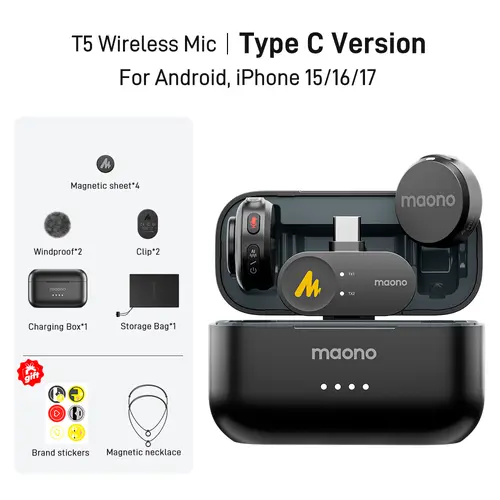 Maono T5 Wireless Magnetic Lapel Lavalier Microphone with Audio Noise Reduction, Magnetic Charging, Compatible with PC Camera, iPhone, Type-C Android, Ideal for Vlogging, Streaming, Content Creator Tools, Manufacturer Warranty